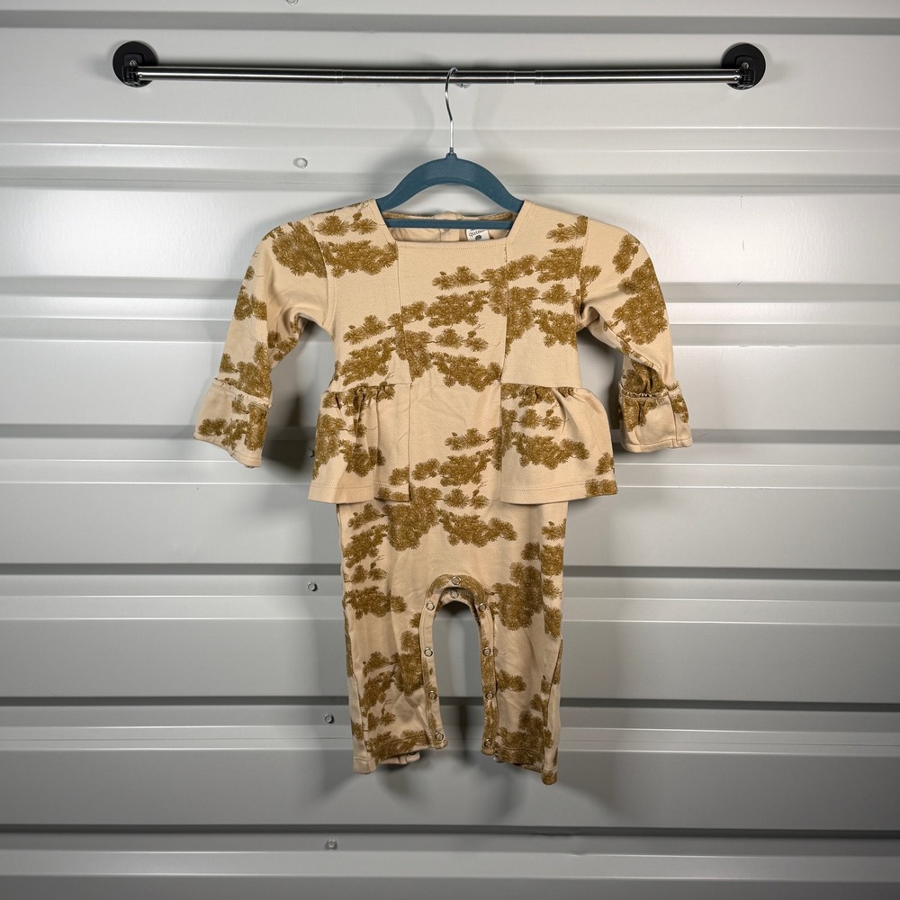 Quincy Mae Pine Print Peplum Romper Mustard Cream 18-24M Long Sleeve Cotton